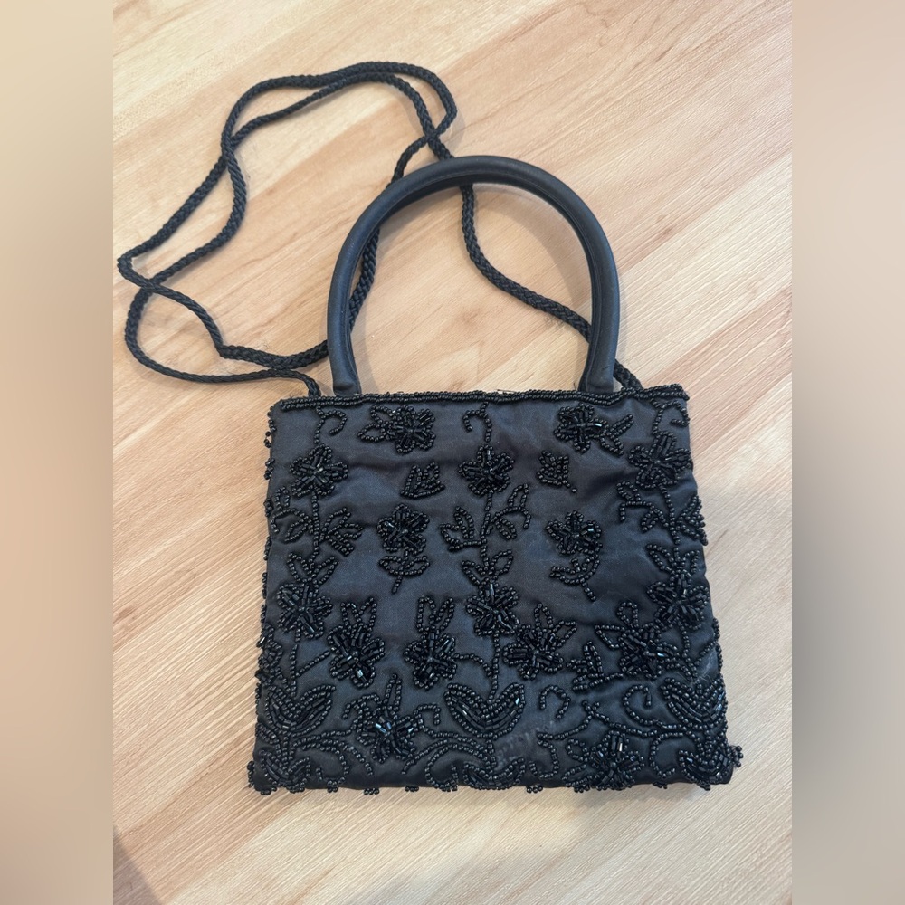 90s/Y2K Vintage Beaded Black Satin Purse Mini Handbag Shoulder Crossbody Glam